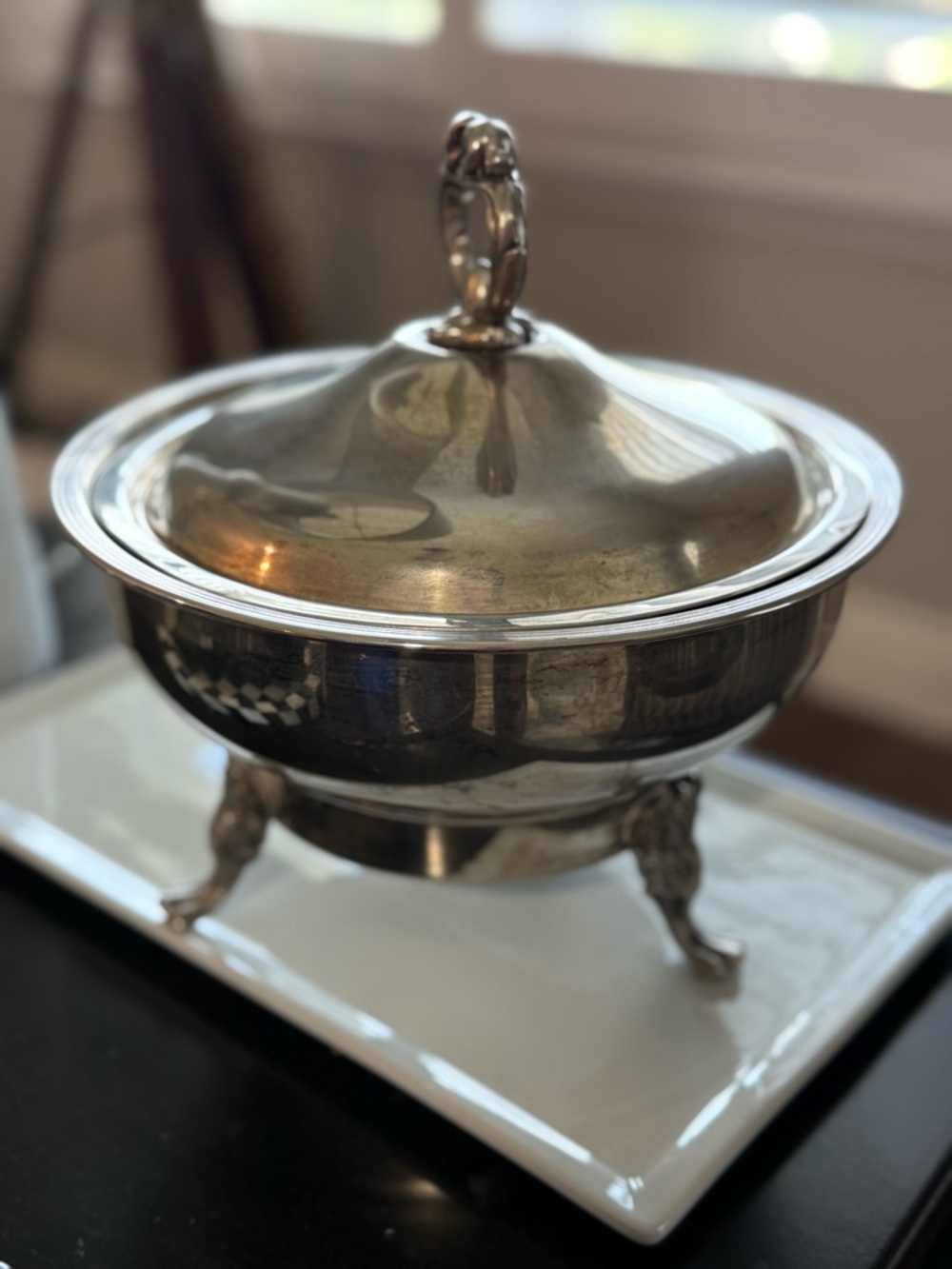 Antique Silver Lidded Serving Dish with Decorative Handle